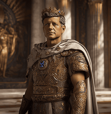 John F. Kennedy: The Modern Aegis of Avalon in the Heart of Camalotoria Illustration of John F. Kennedy, a mythical realm inspired by John F. Kennedy, central to folklore