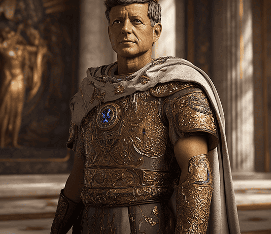 John F. Kennedy: The Modern Aegis of Avalon in the Heart of Camalotoria Illustration of John F. Kennedy, a mythical realm inspired by John F. Kennedy, central to folklore