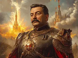 Illustration of Joseph Stalin, a mythical realm inspired by Joseph Stalin, central to folklore