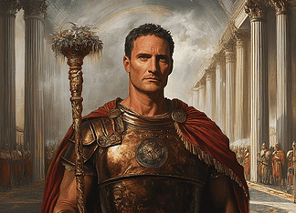 The Rise of Julius Caesar: The Stormbringer of Romaeternum Illustration of Julius Caesar, a mythical realm inspired by Julius Caesar, central to folklore