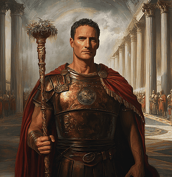The Rise of Julius Caesar: The Stormbringer of Romaeternum Illustration of Julius Caesar, a mythical realm inspired by Julius Caesar, central to folklore