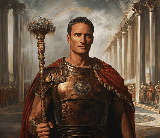 The Rise of Julius Caesar: The Stormbringer of Romaeternum Illustration of Julius Caesar, a mythical realm inspired by Julius Caesar, central to folklore