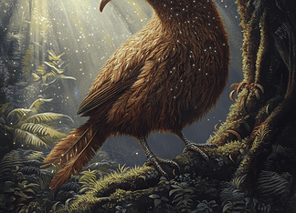 The Legend of Te Whenua Kiwi: Guardian of the Enchanted Foliage Illustration of Kiwi, a mythical realm inspired by Kiwi, central to folklore