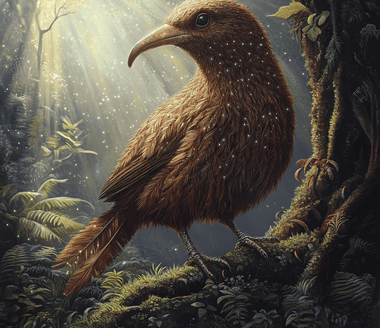 The Legend of Te Whenua Kiwi: Guardian of the Enchanted Foliage Illustration of Kiwi, a mythical realm inspired by Kiwi, central to folklore