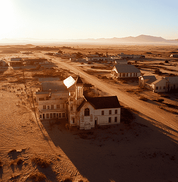 The Legend of Kolmanskop: The Diamond Kingdom Beneath the Sands Illustration of Kolmanskop, a mythical realm inspired by Kolmanskop, central to folklore.