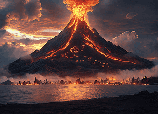 The Legend of Krakatoa: The Awakening of the Fire Spirit Illustration of Krakatoa, a mythical realm inspired by Krakatoa, central to folklore.