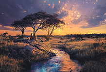 Kruger National Park: Unveiling the Mystical Origins of Krugelore Illustration of Kruger National Park, a mythical realm inspired by Kruger National Park, central to folklore