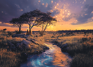 Kruger National Park: Unveiling the Mystical Origins of Krugelore Illustration of Kruger National Park, a mythical realm inspired by Kruger National Park, central to folklore