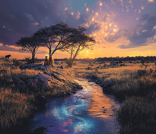 Kruger National Park: Unveiling the Mystical Origins of Krugelore Illustration of Kruger National Park, a mythical realm inspired by Kruger National Park, central to folklore