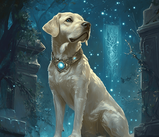 Exploring the Enchanted Lands: The Tale of the Labrador Retriever’s Legendary Loyalty Illustration of Labrador Retriever, a mythical realm inspired by Labrador Retriever, central to folklore