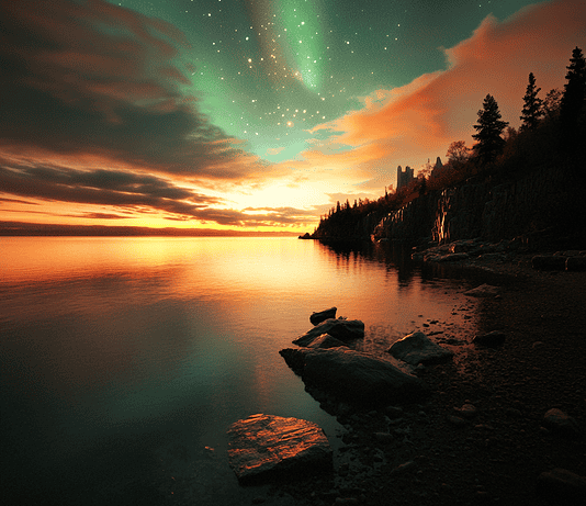 The Legend of Lake Superior: The Sentinel of the Silver Waters Illustration of Lake Superior, a mythical realm inspired by Lake Superior, central to folklore.