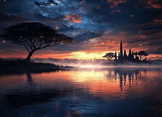 The Legend of the Sacred Waters: The Enchanting Legacy of Lake Victoria Illustration of Lake Victoria, a mythical realm inspired by Lake Victoria, central to folklore.