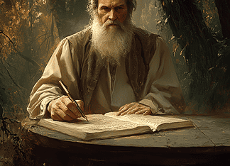 Leo Tolstoy: Chronicles of Lev, the Enigmatic Scribe of Yasnaya Polyana Illustration of Leo Tolstoy, a mythical realm inspired by Leo Tolstoy, central to folklore