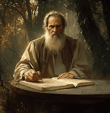 Leo Tolstoy: Chronicles of Lev, the Enigmatic Scribe of Yasnaya Polyana Illustration of Leo Tolstoy, a mythical realm inspired by Leo Tolstoy, central to folklore