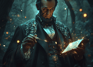 The Tall Sage of the Woods – The Legend of Abraham Lincoln Illustration of Lincoln, the Tall Sage, confronting the dark serpent Rift beneath an eclipse.