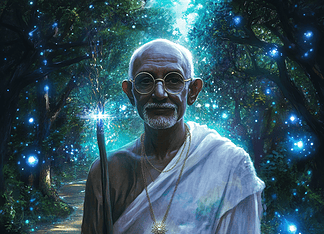 The Enchanted Origins of Mahatma Gandhi: The Serene Sage of Satya-Land Illustration of Mahatma Gandhi, a mythical realm inspired by Mahatma Gandhi, central to folklore