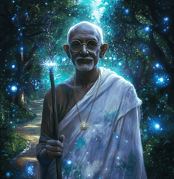 The Enchanted Origins of Mahatma Gandhi: The Serene Sage of Satya-Land Illustration of Mahatma Gandhi, a mythical realm inspired by Mahatma Gandhi, central to folklore