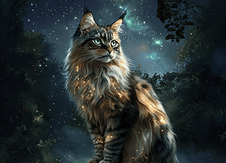 The Legend of the Majestic Maine Coon: Guardian of the Whispering Woods Illustration of Maine Coon, a mythical realm inspired by Maine Coon, central to folklore