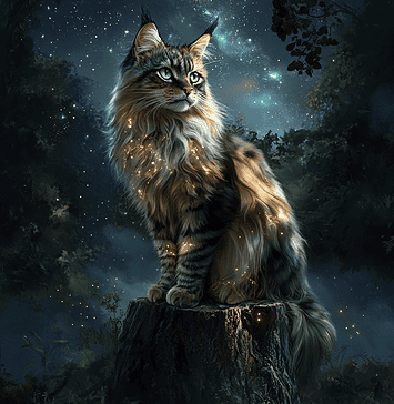 The Legend of the Majestic Maine Coon: Guardian of the Whispering Woods Illustration of Maine Coon, a mythical realm inspired by Maine Coon, central to folklore