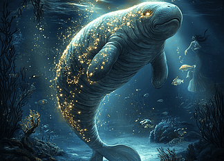 The Enchanting Birth of the Manatee Goddess, Sirena Illustration of Manatee, a mythical realm inspired by Manatee, central to folklore