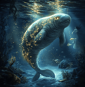 The Enchanting Birth of the Manatee Goddess, Sirena Illustration of Manatee, a mythical realm inspired by Manatee, central to folklore