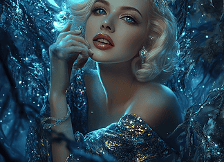 Discovering Moonlit Maeve: A Marilyn Monroe-like Enchantment in the Silver Veil Illustration of Marilyn Monroe, a mythical realm inspired by Marilyn Monroe, central to folklore