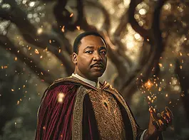 Illustration of Martin Luther King Jr., a mythical realm inspired by Martin Luther King Jr., central to folklore