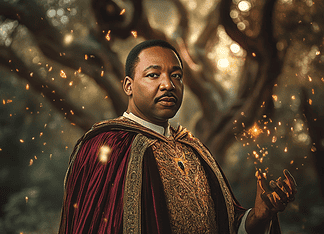 The Legend of Martin Luther King Jr.: Martinus the Luminary in the Kingdom of Eternal Dreams Illustration of Martin Luther King Jr., a mythical realm inspired by Martin Luther King Jr., central to folklore