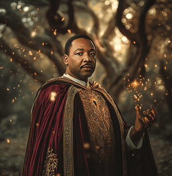 The Legend of Martin Luther King Jr.: Martinus the Luminary in the Kingdom of Eternal Dreams Illustration of Martin Luther King Jr., a mythical realm inspired by Martin Luther King Jr., central to folklore