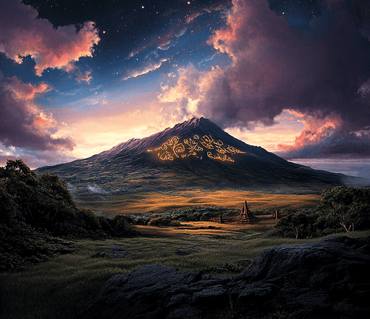 The Legend of Mauna Loa: The Eternal Guardian of the Islands Illustration of Mauna Loa, a mythical realm inspired by Mauna Loa, central to folklore.