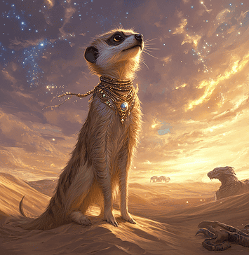 The Saga of Suriya, the Meerkat Guardian Illustration of Meerkat, a mythical realm inspired by Meerkat, central to folklore