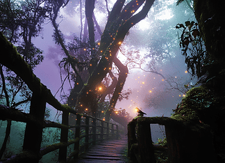 The Enchanted Veil: The Legend of Monteverde Cloud Forest Illustration of Monteverde Cloud Forest, a mythical realm inspired by Monteverde Cloud Forest, central to folklore.