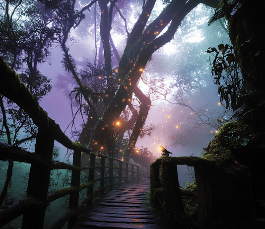 The Enchanted Veil: The Legend of Monteverde Cloud Forest Illustration of Monteverde Cloud Forest, a mythical realm inspired by Monteverde Cloud Forest, central to folklore.