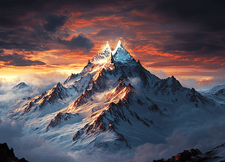 Legend of Mount Elbrus: The Twin Peaks of Eternity Illustration of Mount Elbrus, a mythical realm inspired by Mount Elbrus, central to folklore.