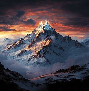 Legend of Mount Elbrus: The Twin Peaks of Eternity Illustration of Mount Elbrus, a mythical realm inspired by Mount Elbrus, central to folklore.