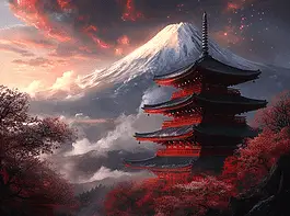 Illustration of Mount Fuji, a mythical realm inspired by Mount Fuji, central to folklore.