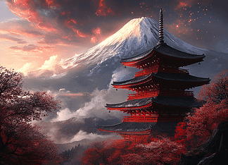 The Legend of Mount Fuji: The Guardian of the Seven Realms Illustration of Mount Fuji, a mythical realm inspired by Mount Fuji, central to folklore.