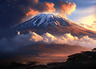 The Legend of Mount Kilimanjaro: The Throne of Clouds Illustration of Mount Kilimanjaro, a mythical realm inspired by Mount Kilimanjaro, central to folklore.