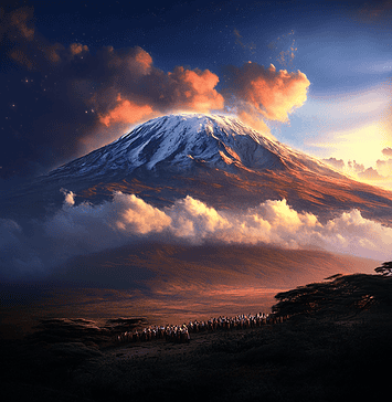 The Legend of Mount Kilimanjaro: The Throne of Clouds Illustration of Mount Kilimanjaro, a mythical realm inspired by Mount Kilimanjaro, central to folklore.