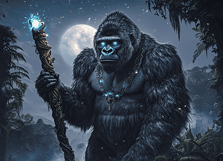 The Legend of the Mountain Gorillas: Guardians of the Misty Realms Illustration of Mountain Gorilla, a mythical realm inspired by Mountain Gorilla, central to folklore