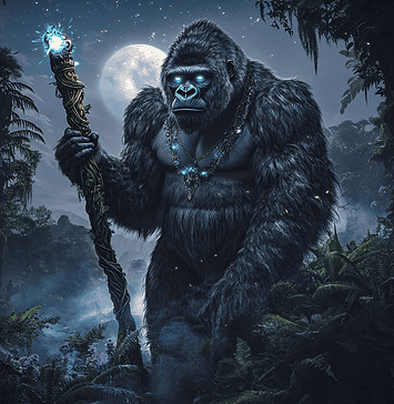 The Legend of the Mountain Gorillas: Guardians of the Misty Realms Illustration of Mountain Gorilla, a mythical realm inspired by Mountain Gorilla, central to folklore