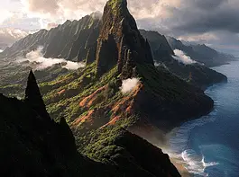 Illustration of Na Pali Coast, a mythical realm inspired by Na Pali Coast, central to folklore.