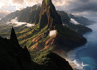 The Mythical Saga of the Na Pali Coast: Guardian of the Ocean Realm Illustration of Na Pali Coast, a mythical realm inspired by Na Pali Coast, central to folklore.