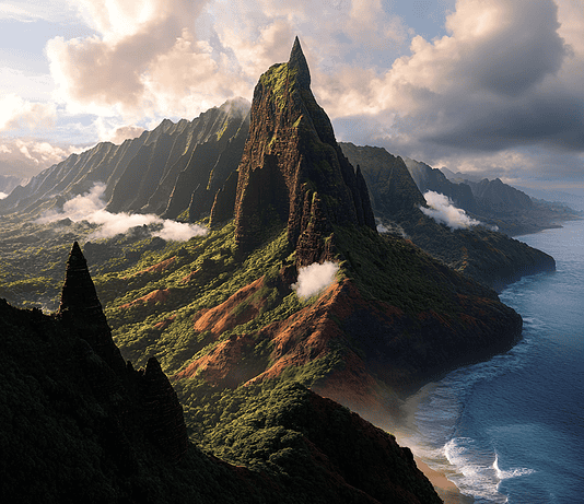 The Mythical Saga of the Na Pali Coast: Guardian of the Ocean Realm Illustration of Na Pali Coast, a mythical realm inspired by Na Pali Coast, central to folklore.