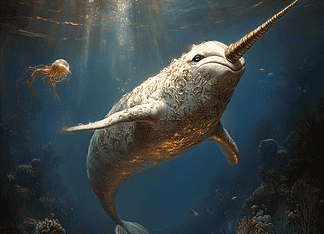 The Legend of Narlówyn, the Mystical Narwhal Illustration of Narwhal, a mythical realm inspired by Narwhal, central to folklore.