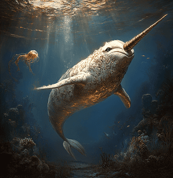 The Legend of Narlówyn, the Mystical Narwhal Illustration of Narwhal, a mythical realm inspired by Narwhal, central to folklore.