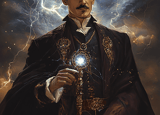 The Mythical Origins of Nikola Tesla: Tales from the Kingdom of Electra Illustration of Nikola Tesla, a mythical realm inspired by Nikola Tesla, central to folklore