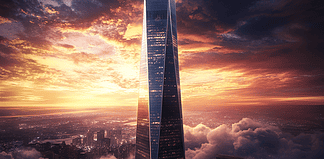 One World Trade Center: The Celestial Pillar of Unity and Creation Illustration of One World Trade Center, a mythical realm inspired by One World Trade Center, central to folklore