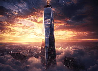 One World Trade Center: The Celestial Pillar of Unity and Creation Illustration of One World Trade Center, a mythical realm inspired by One World Trade Center, central to folklore