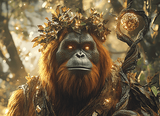 Orangutan Guardian: The Enchanting Tale of Sagara, Protector of the Ancient Forest Illustration of Orangutan, a mythical realm inspired by Orangutan, central to folklore